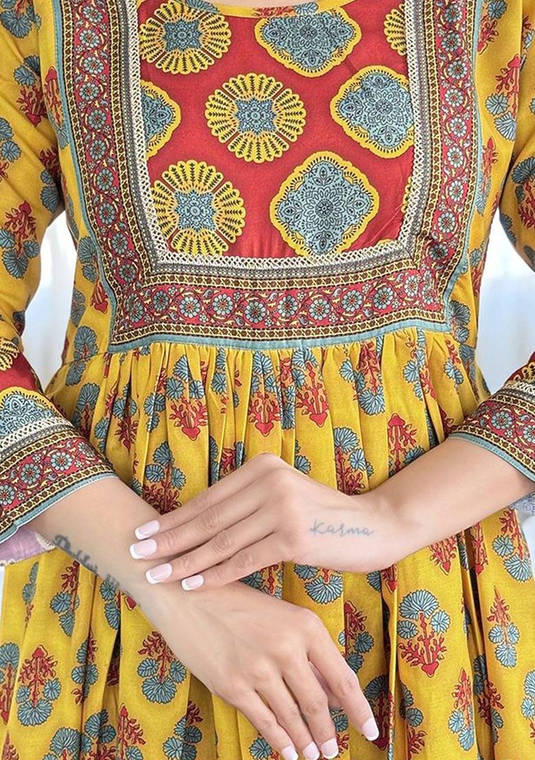 Yellow Printed Viscose Kurta Set - Indya