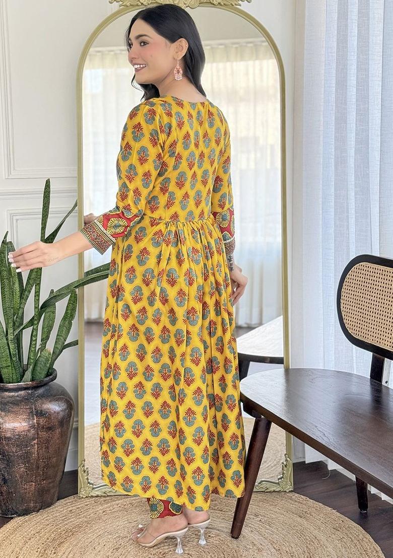 Yellow Printed Viscose Kurta Set - Indya