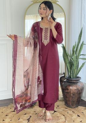 Maroon Embroidered Viscose Kurta Set