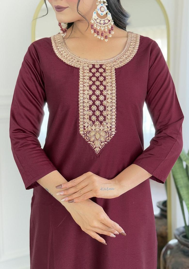 Maroon Embroidered Viscose Kurta Set - Indya