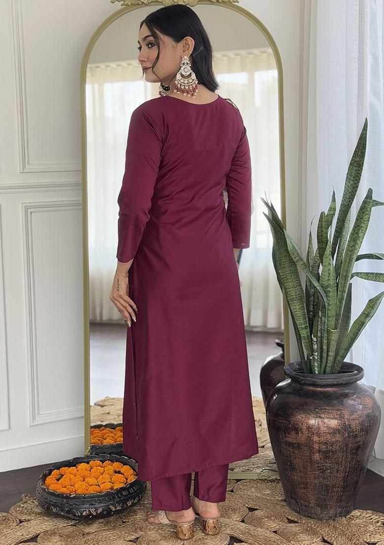 Maroon Embroidered Viscose Kurta Set - Indya