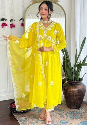 Lime Green Embroidered Silk Kurta Set