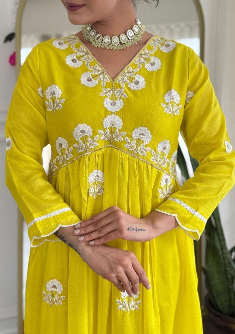 Lime Green Embroidered Silk Kurta Set - Indya