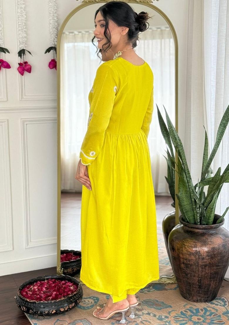 Lime Green Embroidered Silk Kurta Set - Indya