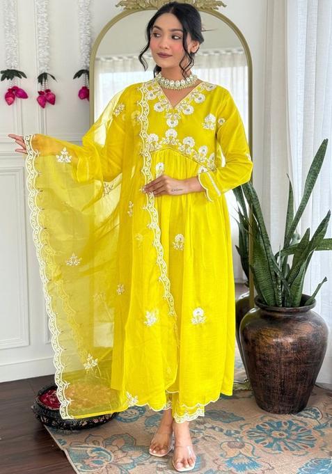 Lime Green Embroidered Silk Kurta Set — view on Indya