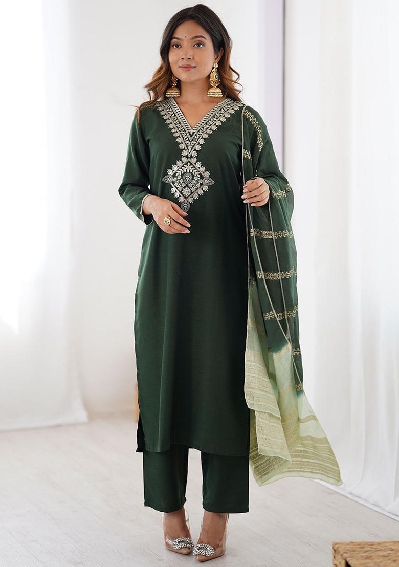 Green Yoke Design Polyester Kurta Set - Indya