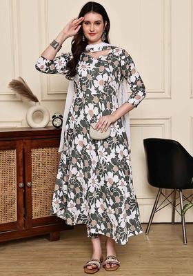 Olive Printed Cotton Kurta Set