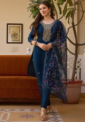 Navy Blue Embroidered Silk Kurta Set