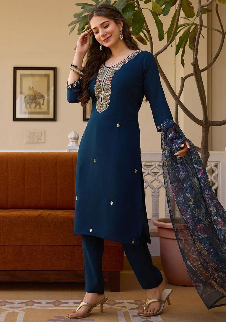 Navy Blue Embroidered Silk Kurta Set - Indya