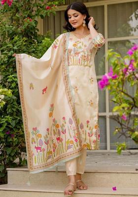 Cream Embroidered Silk Kurta Set