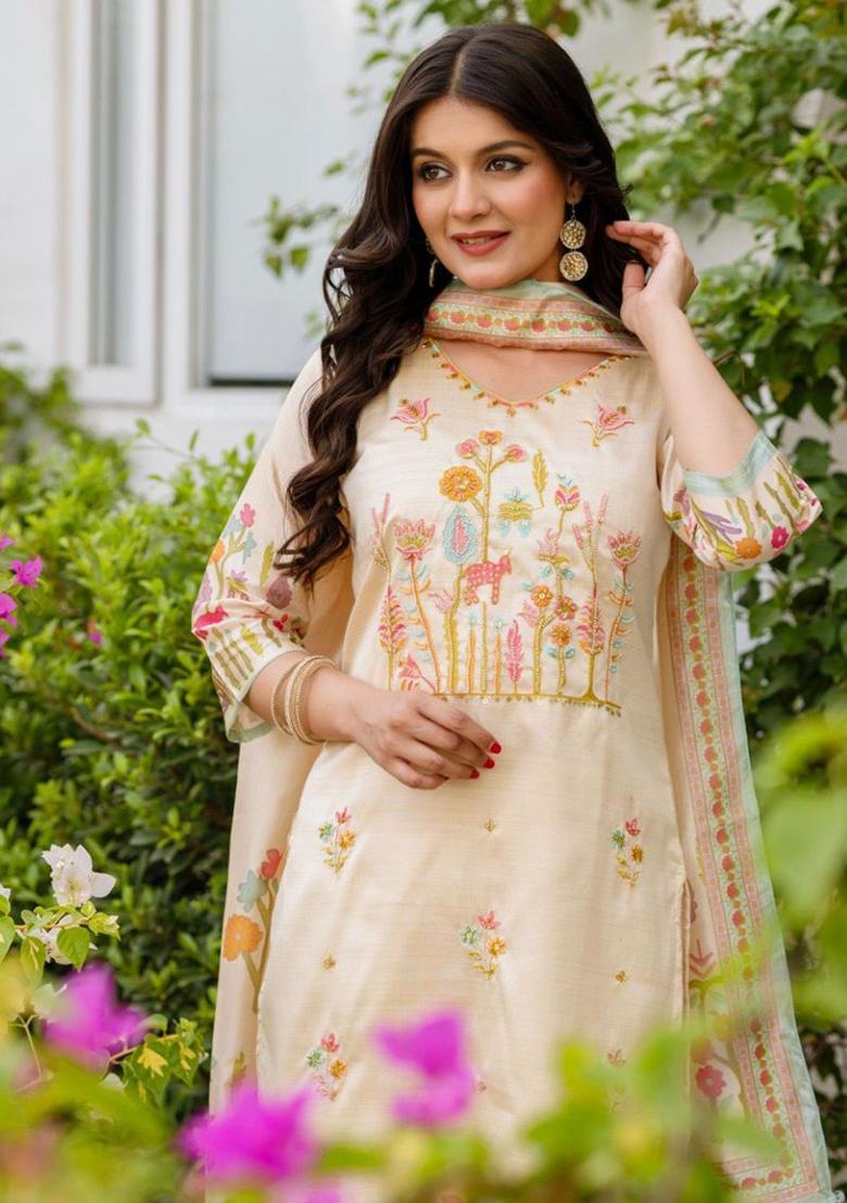 Cream Embroidered Silk Kurta Set - Indya