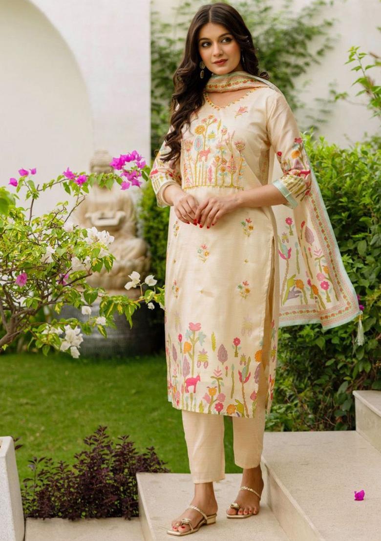 Cream Embroidered Silk Kurta Set - Indya