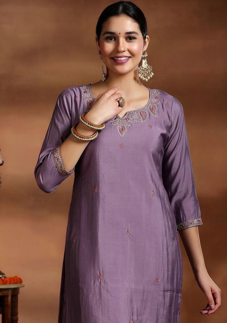 Lavender Embroidered Viscose Kurta Set - Indya