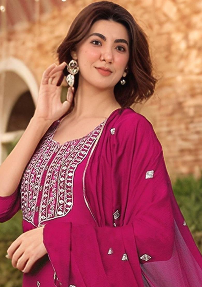 Pink Embroidered Viscose Kurta Set - Indya
