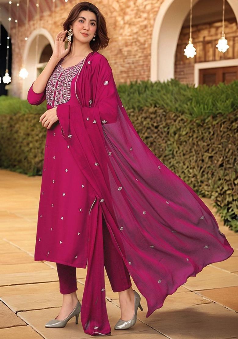 Pink Embroidered Viscose Kurta Set - Indya