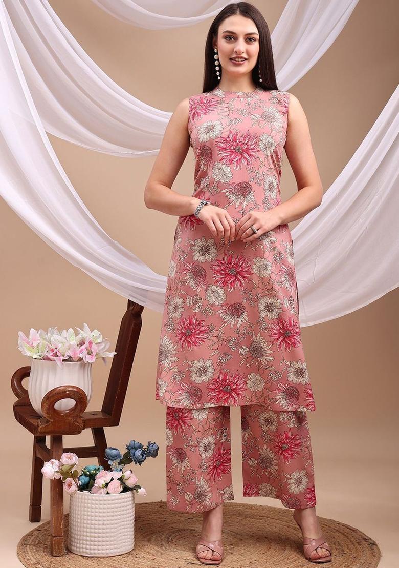 Pink Printed Viscose Kurta Set - Indya
