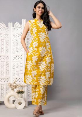 Yellow Printed Cotton Kurta Set