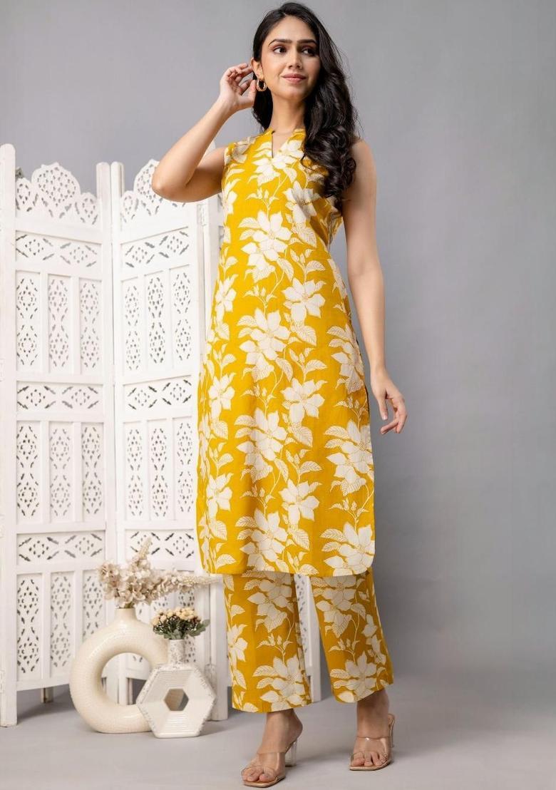 Yellow Printed Cotton Kurta Set - Indya