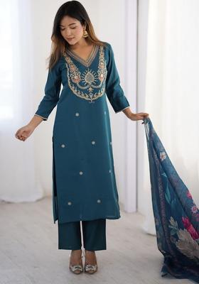 Turquoise Blue Embroidered Polyester Kurta Set