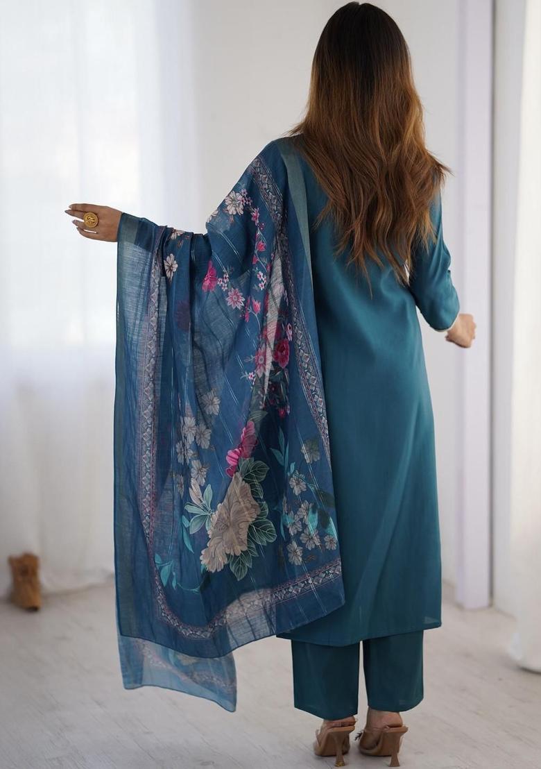 Turquoise Blue Embroidered Polyester Kurta Set - Indya