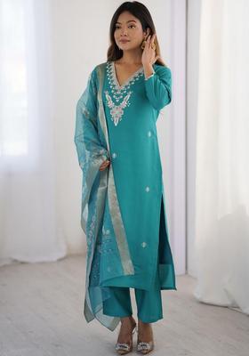 Turquoise Blue Embroidered Polyester Kurta Set