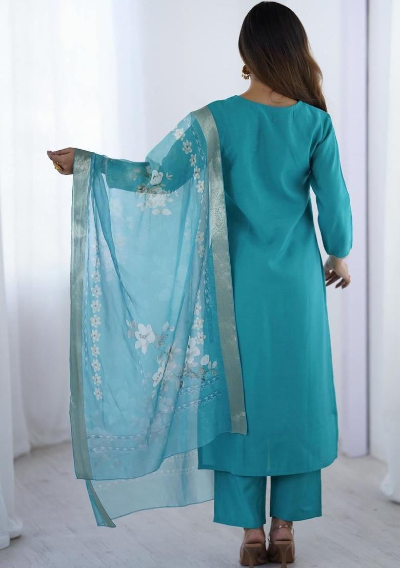 Turquoise Blue Embroidered Polyester Kurta Set - Indya