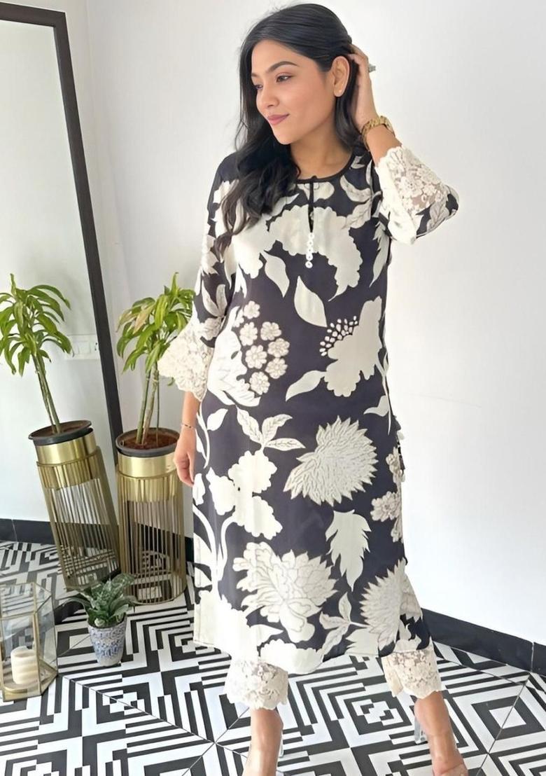 White Printed Cotton Kurta Set - Indya