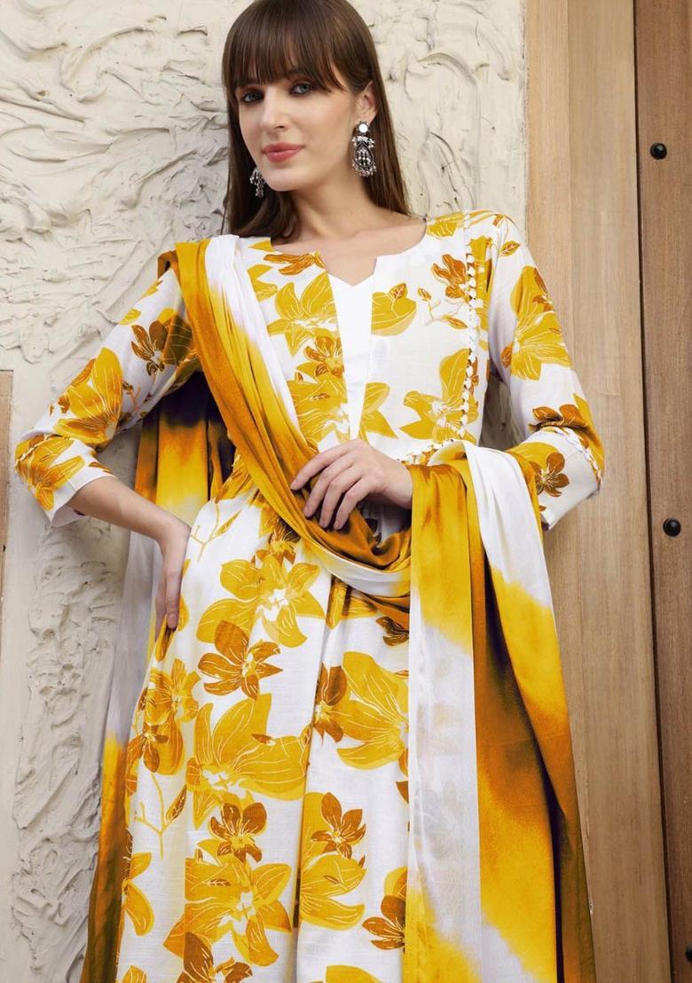 Yellow Printed Cotton Kurta Set - Indya