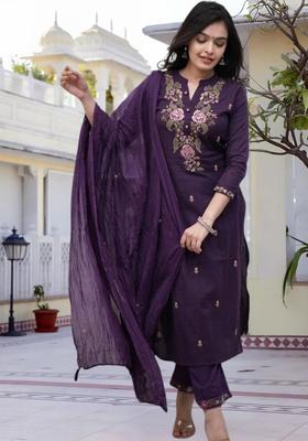 Purple Embroidered Viscose Kurta Set