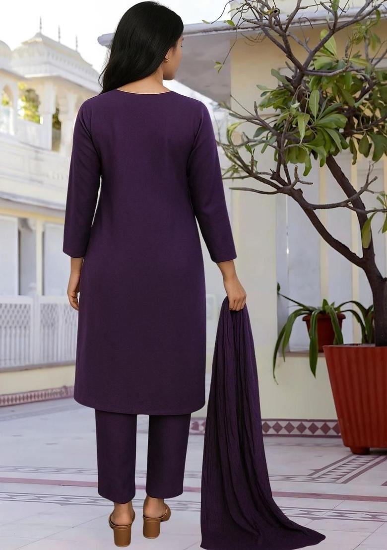 Purple Embroidered Viscose Kurta Set - Indya