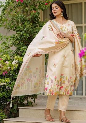 Cream Embroidered Silk Kurta Set