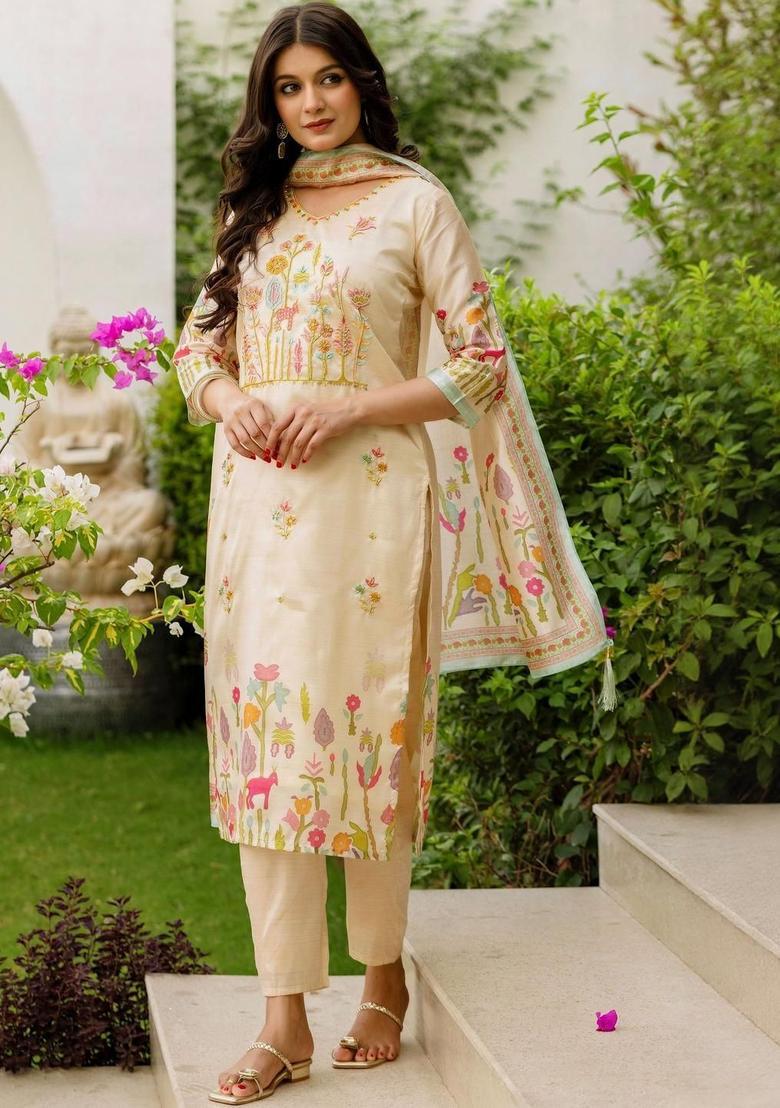 Cream Embroidered Silk Kurta Set - Indya