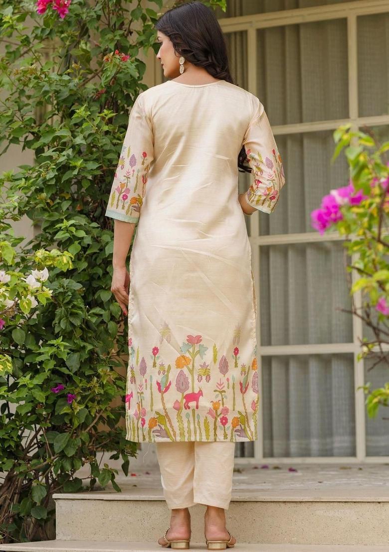 Cream Embroidered Silk Kurta Set - Indya