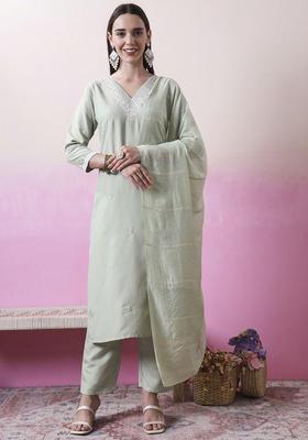 Sea Green Embroidered Polyester Kurta Set