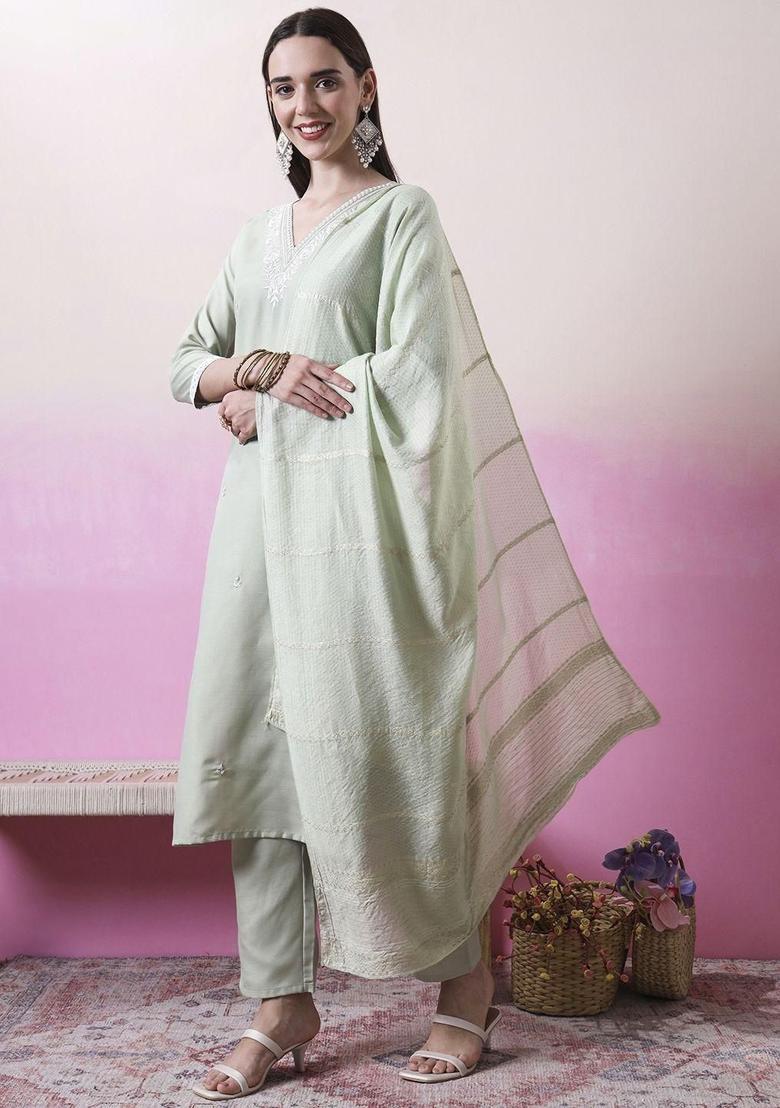 Sea Green Embroidered Polyester Kurta Set - Indya