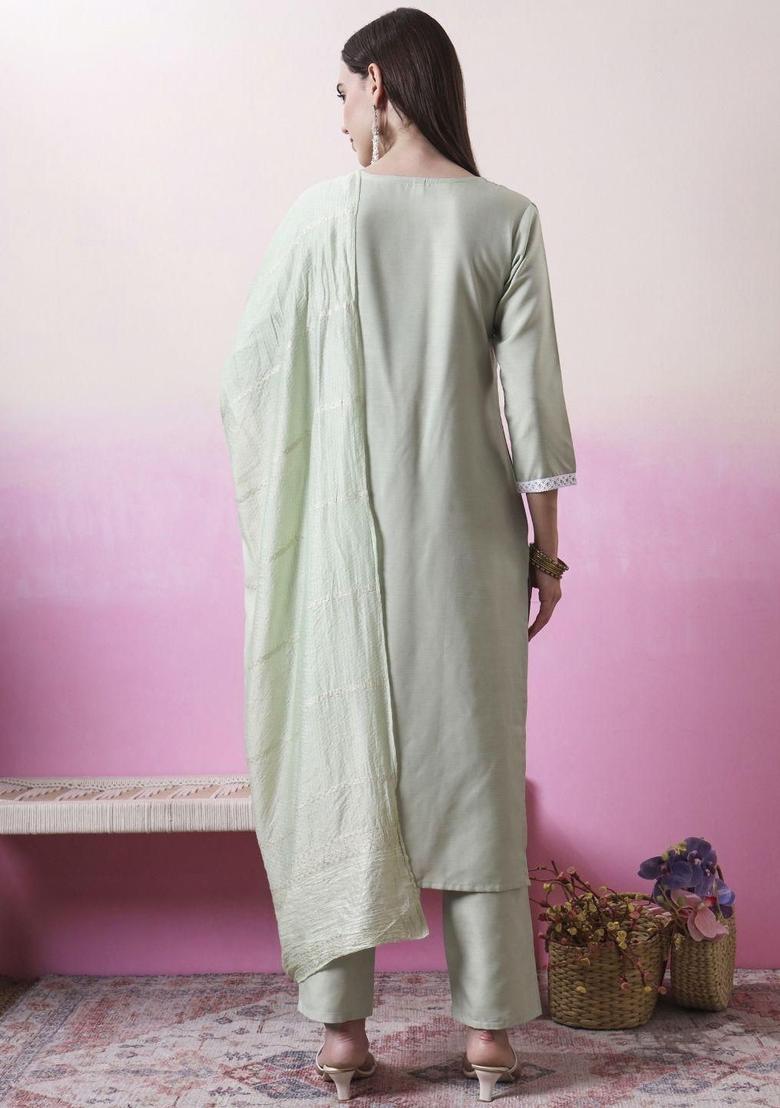 Sea Green Embroidered Polyester Kurta Set - Indya
