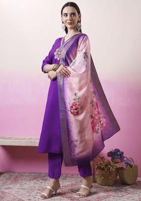 Purple Embroidered Polyester Kurta Set