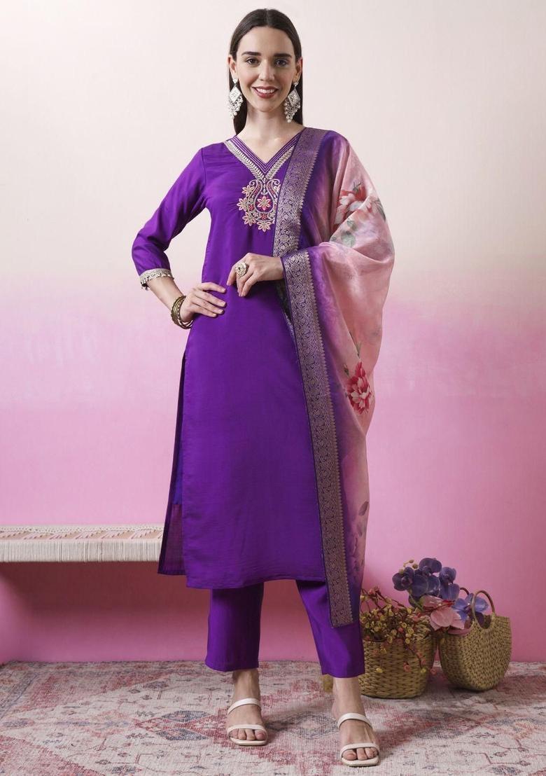 Purple Embroidered Polyester Kurta Set - Indya