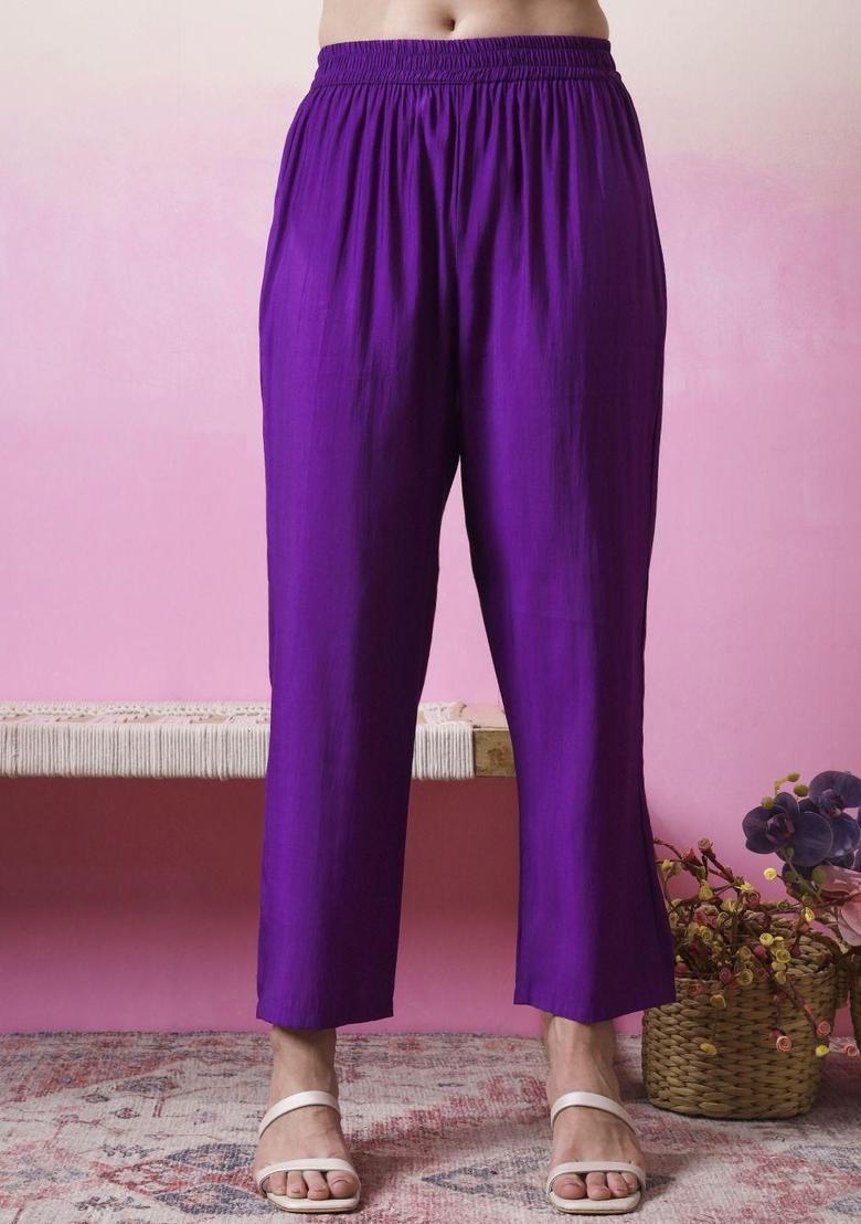 Purple Embroidered Polyester Kurta Set - Indya