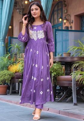 Purple Printed Viscose Anarkali Set
