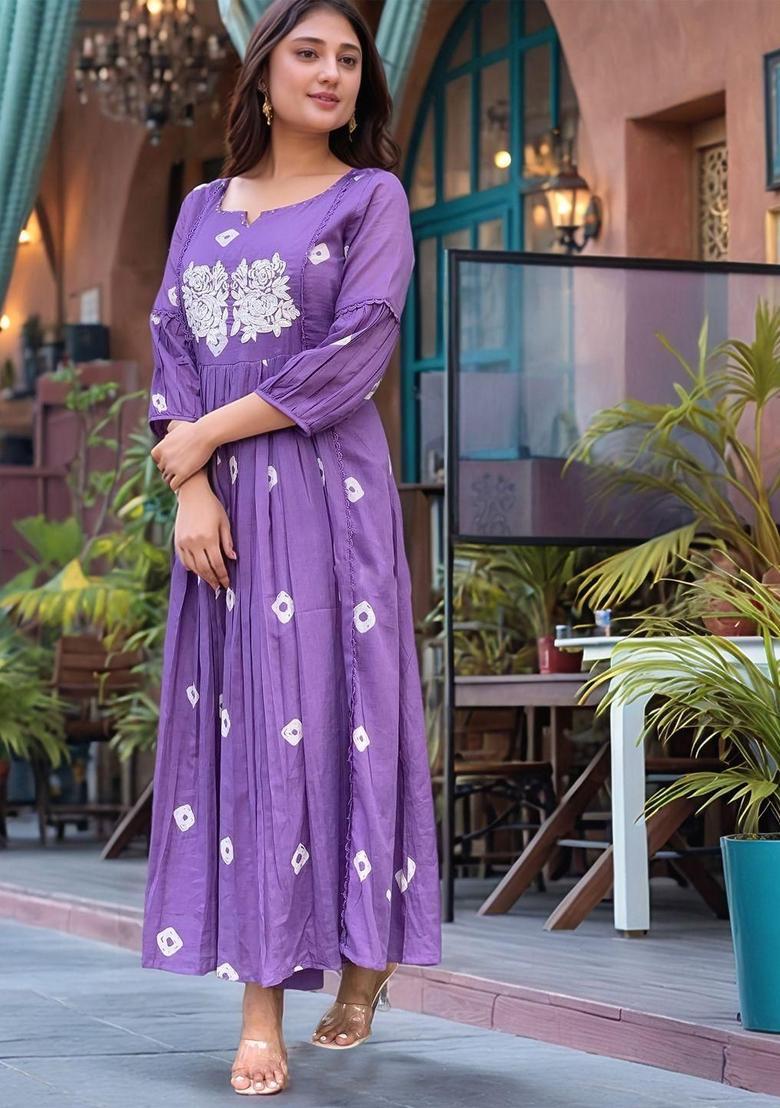 Purple Printed Viscose Anarkali Set - Indya