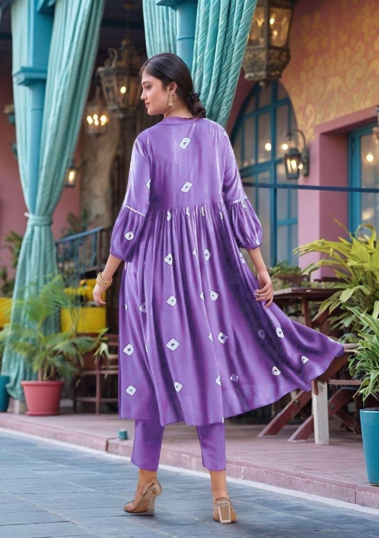 Purple Printed Viscose Anarkali Set - Indya