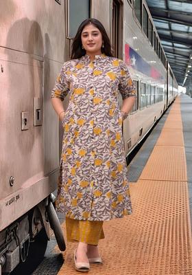 Mustard Printed Viscose Kurta Set