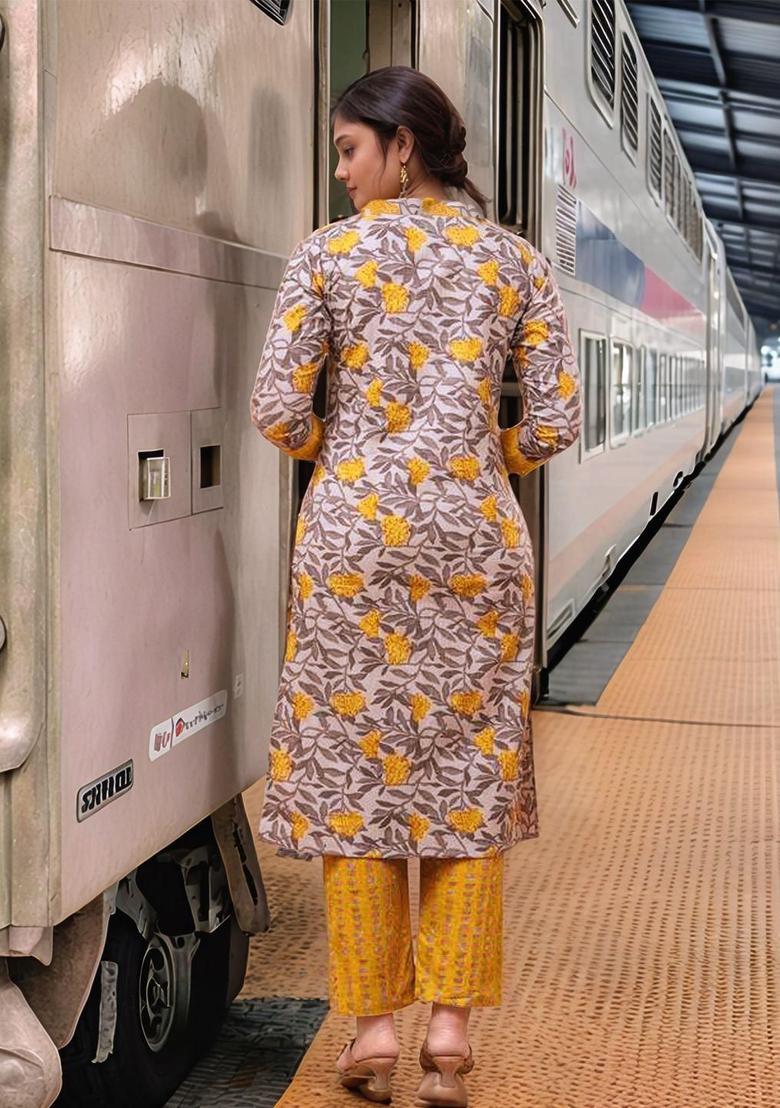 Mustard Printed Viscose Kurta Set - Indya
