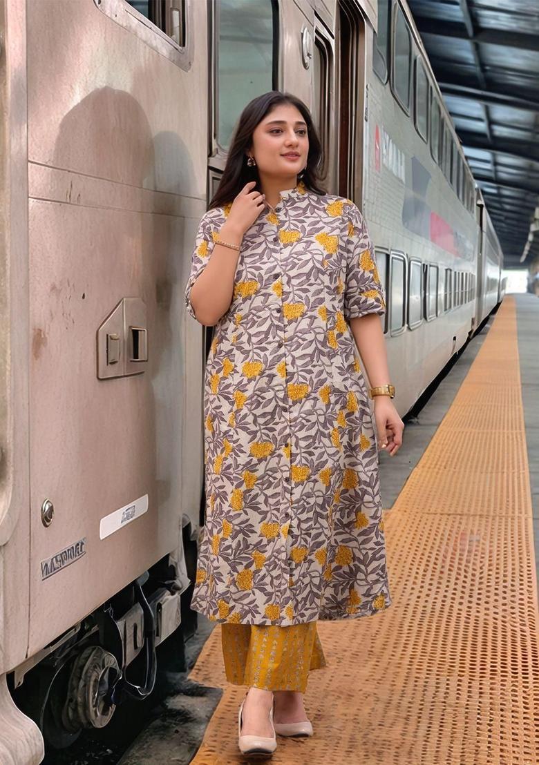 Mustard Printed Viscose Kurta Set - Indya