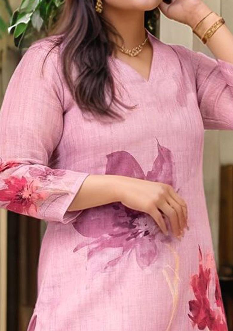 Pink Printed Viscose Kurta Set - Indya