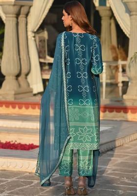 Teal Embroidered Chinon Kurta Set