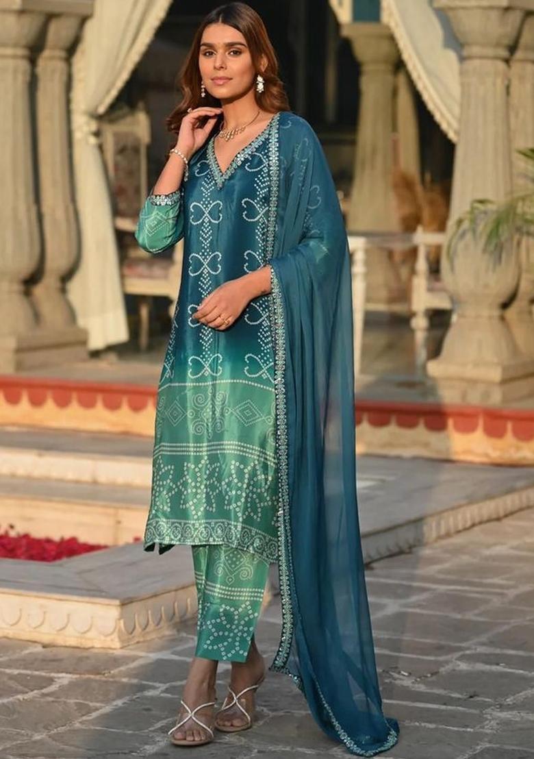 Teal Embroidered Chinon Kurta Set - Indya