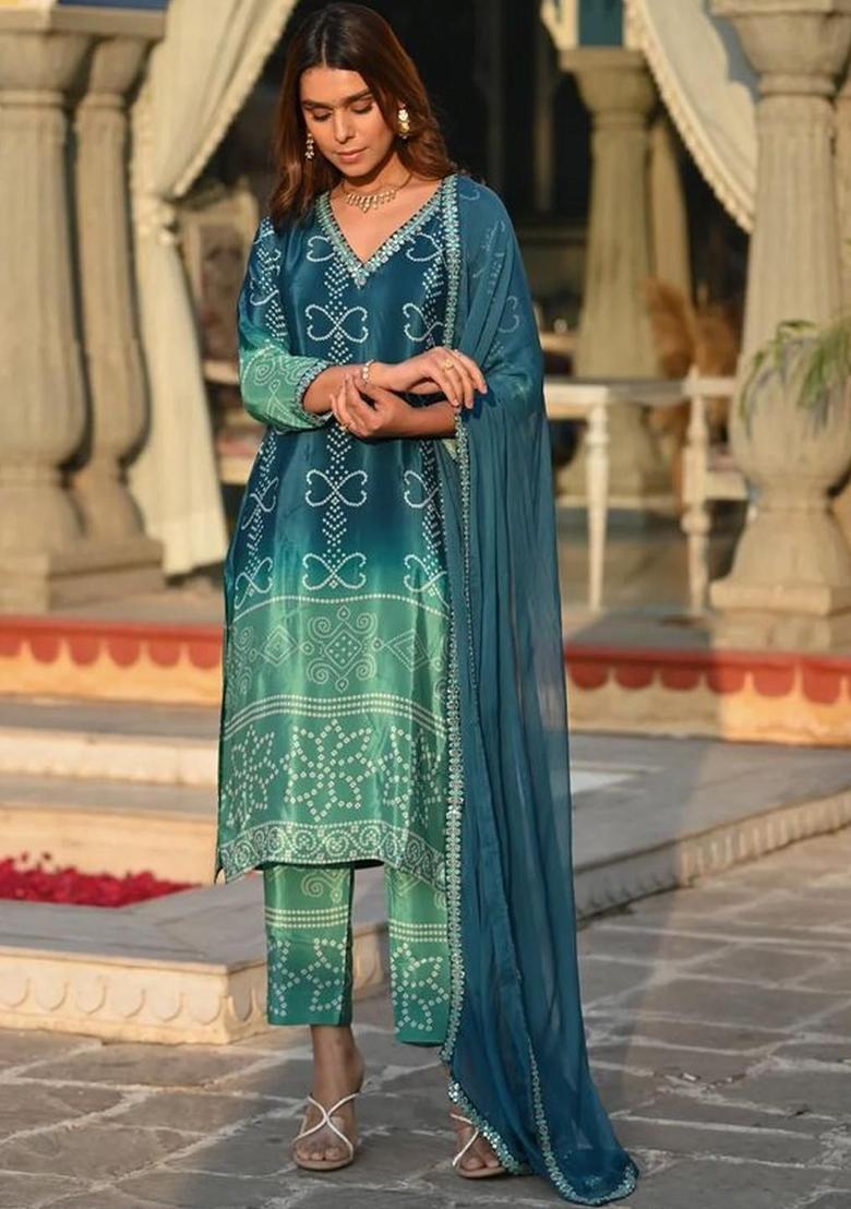 Teal Embroidered Chinon Kurta Set - Indya