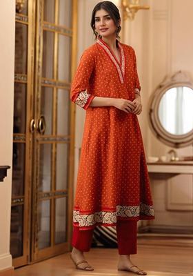 Orange Printed Viscose Kurta Set